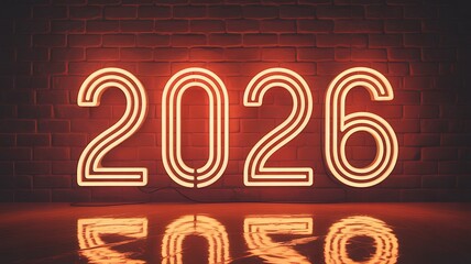 Glowing neon sign displaying the year 2026 on a red brick wall new year future