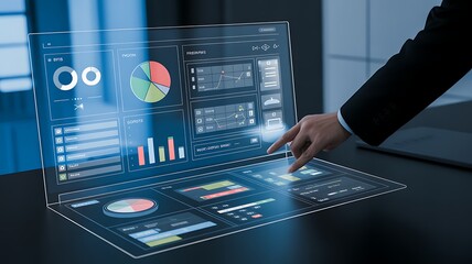 Hand interacting with futuristic holographic financial data interface displaying charts and graphs futuristic interface