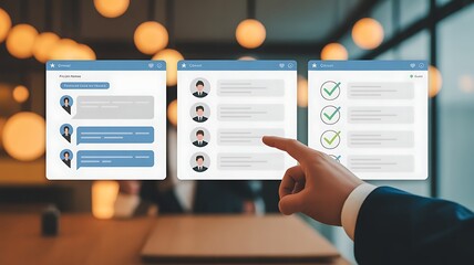 Hand interacting with three digital interface screens showing chat messages and a checklist finger