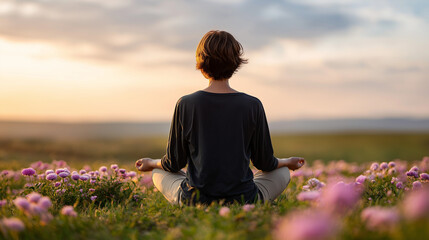 Woman practicing yoga meditation in a serene field of blooming flowers, embracing relaxation and balance during sunset, enhancing mental and spiritual well-being