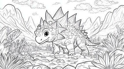 Cartoon dinosaur illustration walking in nature scenery among mountains