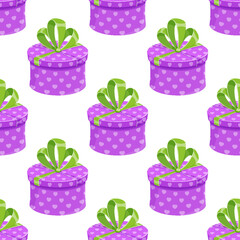 Cartoon seamless gift box pattern with ribbon and bow. Wrapped presents in a colorful style make a vibrant birthday or celebration theme, ideal for festive events.