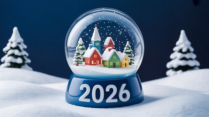 Miniature winter village inside a snow globe with the year 2026 on its base houses