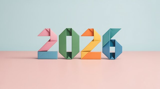 Origami paper numbers 2026 in pastel colors on a pink and blue background digits