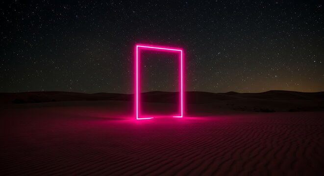 Glowing neon doorway in desert landscape under starry night sky