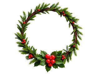 Fototapeta premium Festive Christmas Wreath with Greenery and Red Berries Decoration