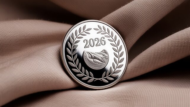 Silver coin with 2026 engraving and fish emblem on textured fabric year 2026 - Powered by Adobe
