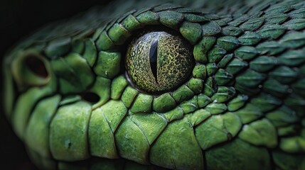 Fototapeta premium Close-up of a green snake eye in the wild, showing its open eye, fur details, and predatory nature in a tropical jungle.
