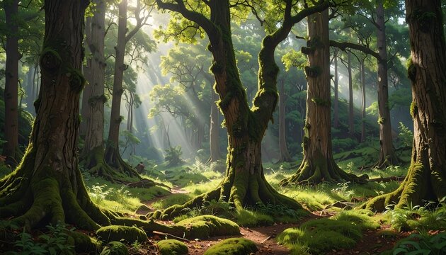 Sunlight streams through a lush, mossy forest