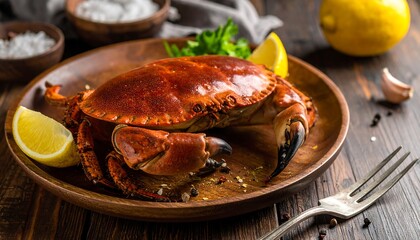 A close-up shot of a cooked crab on a wooden plate, garnished with lemon wedges and parsley sprigs, with seasonings