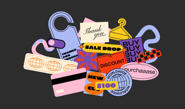 Collection of vibrant patches, labels, tags, and stickers in bold retro style. A unique set of labels stamps and funky elements inspired by 90s aesthetics. Trendy hipster designs perfect promotions