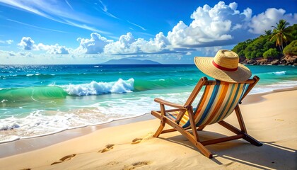 A vibrant beach scene with turquoise water, sandy shore, and a striped chair holding a straw hat. Lush island in view