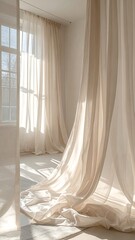 Sunlight streams through sheer curtains in a bright room