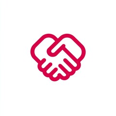 A stylized crimson-red image depicts two hands clasped in a handshake, forming a heart shape.  The lines are bold and clean