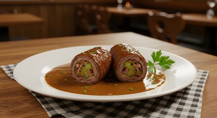 Two beef roulades on a white plate with gravy and parsley garnish on a checkered napkin on a wooden table