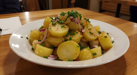 A white plate filled with potato salad topped with chives and red onion on a wooden table top surface