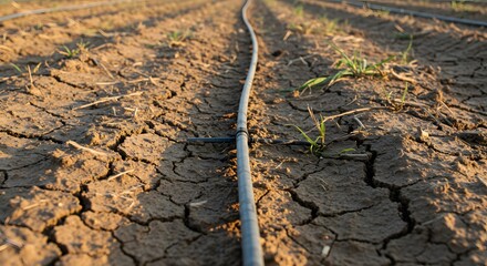 Close up of irrigation system running through dry cracked earth with sparse green plants visible