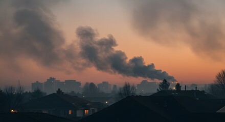Cityscape at dusk with smoke rising above buildings against a colorful sky at twilight hour scene view