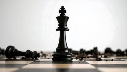 A black chess king stands victorious amidst fallen pieces
