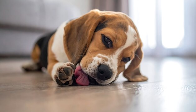A playful canine, brown, white and black, lays on the floor. The dog licks its paw. It rests on wooden flooring