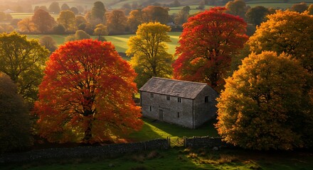 Autumnal trees and rustic building in a scenic landscape with golden light