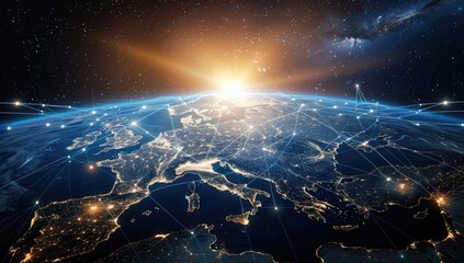 A sunrise over Earth, showcasing a network of interconnected lines illuminating the European continent at night.  The image blends realistic geography with abstract network representations