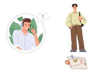Customer service agent wearing a headset communicates with a traveler using a map. Ideal for support, travel, communication, navigation, remote help, technology, customer service. Simple flat