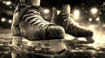 Skates on ice as athletes practice at an indoor rink during an evening training session
