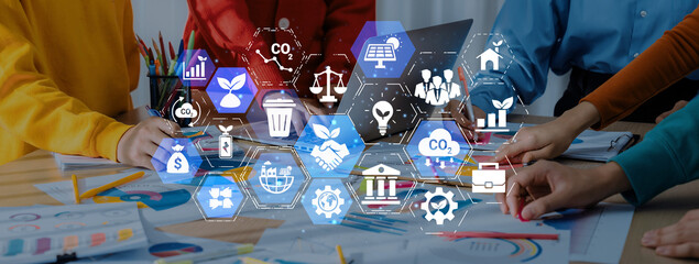 Fototapeta na wymiar ESG icons show environmental impact, social responsibility, and corporate governance. ESG drives sustainability, ESG investment, ESG reporting, and business growth. Entice