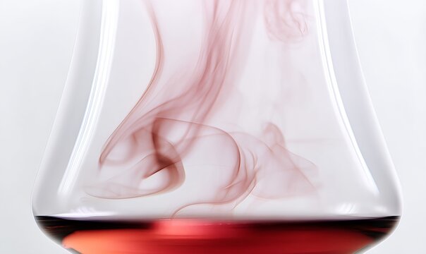 A super close zoom of red wine swirling in glass while perfumed smoke drifts through the air