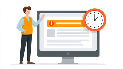 Young caucasian adult male presenting on computer screen with alert and clock