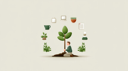 Young caucasian male planting tree surrounded by gardening icons