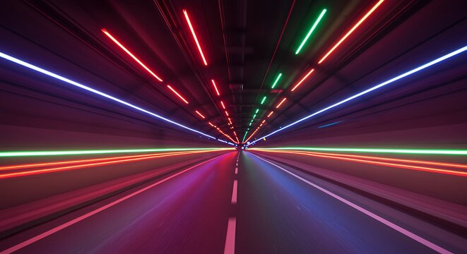 Abstract tunnel with neon lights geometric lines dynamic perspective