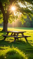 Sunlight streams through trees onto a picnic table in a grassy meadow