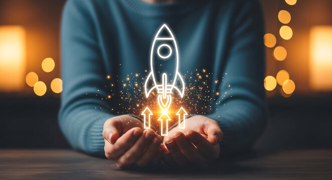Close-up of hands holding a digital icon of a launching rocket with upward arrows, representing business startup and achieving goals