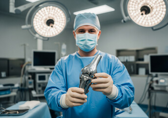 Professional stock photo of a surgeon holding a new cobalt-chromium knee joint implant, presenting it to the camera.