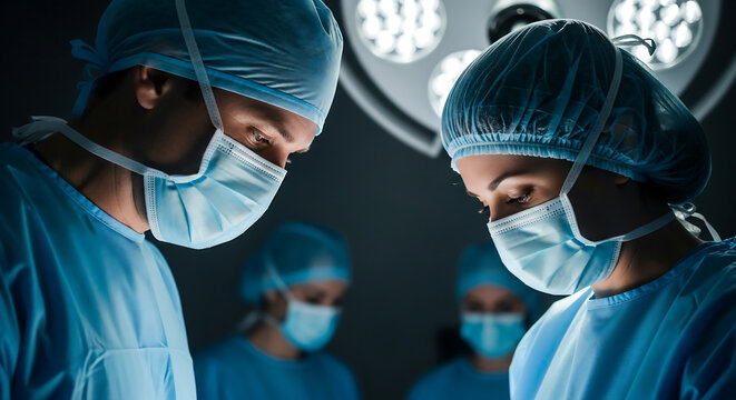 A male and female surgeon, masked and capped, intently work on a procedure in a bright operating room