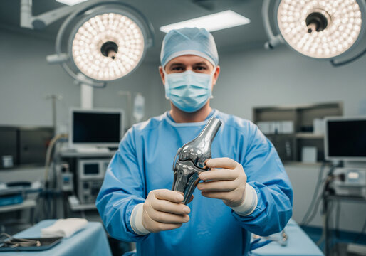 Professional stock photo of a surgeon holding a new cobalt-chromium knee joint implant, presenting it to the camera.