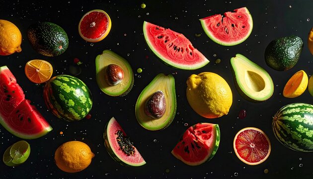 A vibrant arrangement of halved and sliced watermelon, avocados, lemons, oranges, and limes, seemingly floating against a dark background speckled with tiny particles - Powered by Adobe