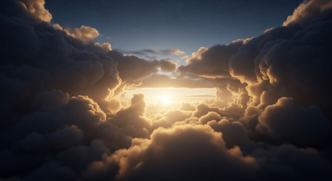 Epic sky view with fluffy, dark clouds illuminated by the sun. Sunset or sunrise, creating a dreamy and ethereal atmosphere