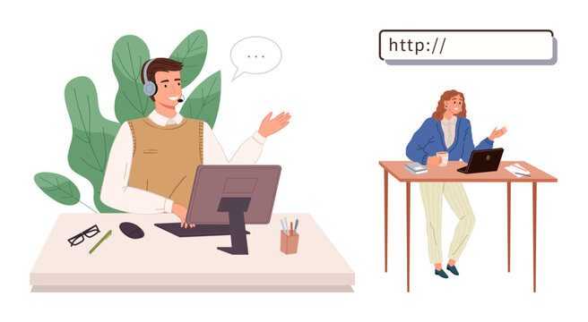 Customer support agent in a headset interacts professionally at a desk with a client operating a laptop elsewhere. Ideal for teamwork, online communication, remote work, customer service, technology