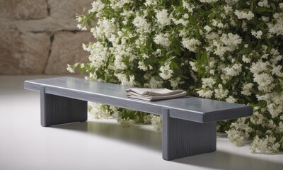 A simple, gray bench sits in front of a backdrop of white blossoms