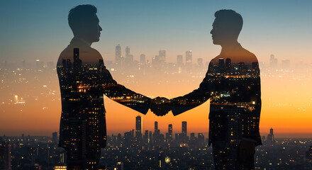 Two businessmen shaking hands with a cityscape overlay. Concept of business agreement, partnership, and collaboration