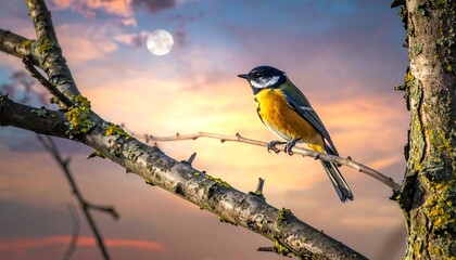 A vibrant bird perches serenely on a branch against a colorful sunset sky, the moon faintly visible