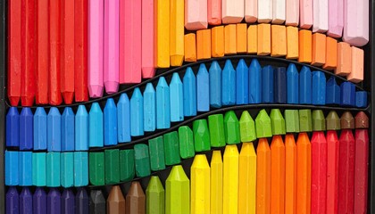 A vibrant collection of colored drawing crayons arranged in a curved, rainbow pattern within a black container, showcasing a diverse spectrum of hues and shades