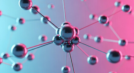 Abstract 3D render of molecule structure in a vibrant pink and blue gradient