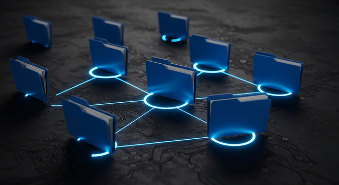 Blue digital folders interconnected by glowing lines on a dark circuit board