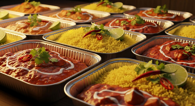 Indian cuisine take away food in aluminum containers. Restaurant style butter chicken curry with yellow rice, chili and lime - Powered by Adobe