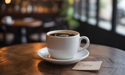 Fototapeta premium A steaming cup of black coffee on a wooden table in a cafe. Blurred cafe interior visible in the background