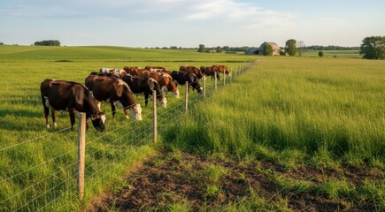 Medium shot of livestock grazing in a rotational system showcasing controlled pasture movement to enhance soil health and reduce overgrazing.